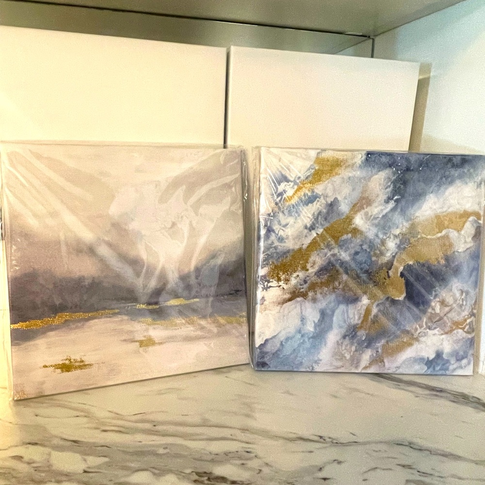 Blue and Gray Art Decor Prints (Set of 2) 8x8 with Painted Gold Metallic Accent